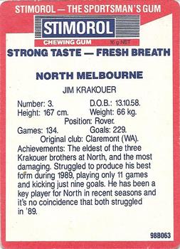 1990 AFL Scanlens Stimorol #100 Jim Krakouer Back